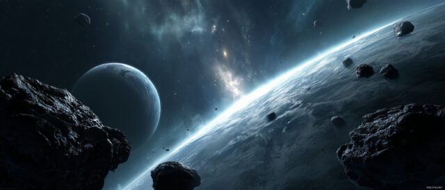 Dual Monitor Images Full HD Desktop Wallpaper, A Captivating Space Scene Featuring Planets And Asteroids In Deep Black Space, Ideal For Dual Monitor Enjoyment