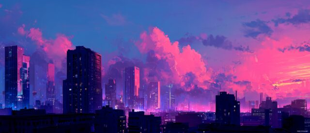 Dual Monitor Images Wallpaper, A Vibrant Cityscape At Sunset With A Futuristic Vibe, Ideal For A Dual Monitor Setup
