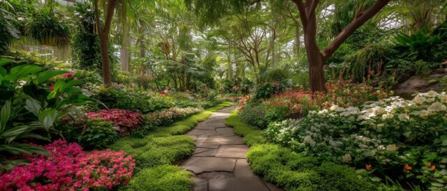 Dual Monitor Images Wallpaper HD, A Botanical Garden Bursting With Lush Greenery And Vibrant Flowers Set For Dual Screens