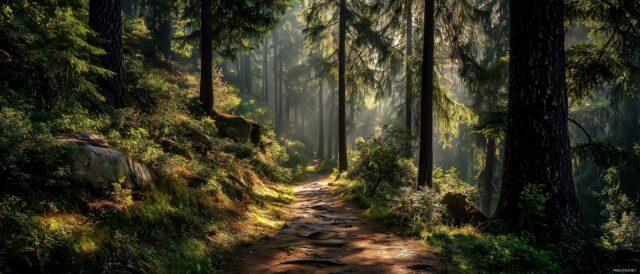 Dual Monitor Images Wallpaper HD For Desktop, A Picturesque Forest Trail With Sunlight Filtering Through The Trees, Ideal For Dual Monitor Use