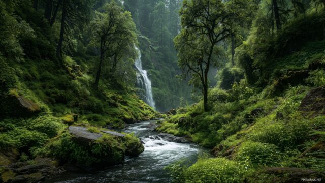 Dual Monitor Background For Nature Lovers, Lush Rainforest With Cascading Waterfalls And Vibrant Greenery