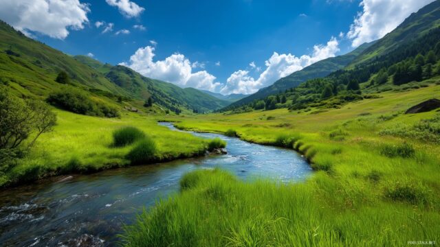 Dual Monitor Background For Nature Lovers, Tranquil Valley With Lush Green Meadows And A Flowing River Under A Bright Blue Sky