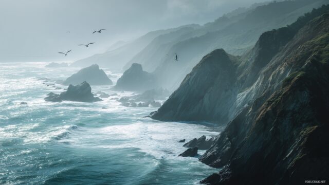 Dual Monitor Background For Nature Lovers, Breathtaking Cliffs Overlooking A Sparkling Ocean, With Seagulls Soaring In The Sky
