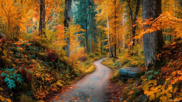 Dual Monitor Background For Outdoor Enthusiasts, Vibrant Autumn Forest With A Winding Path Leading Through Multicolored Foliage
