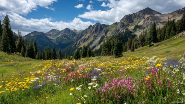 Dual Monitor Background For Outdoor Enthusiasts, Picturesque Meadow Filled With Wildflowers And A Backdrop Of Towering Mountains