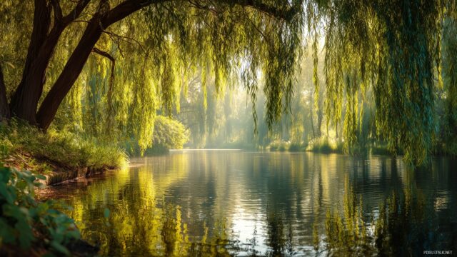 Dual Monitor Background Peaceful Scenery, Tranquil Riverside With Weeping Willows And Soft Sunlight Filtering Through The Leaves