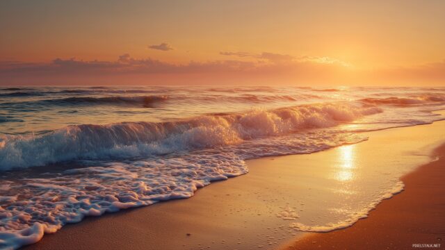 Dual Monitor Background Peaceful Scenery, Serene Beach At Dawn, Gentle Waves Lapping On The Shore With A Warm Golden Glow