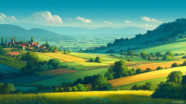 Dual Monitor Background Serene Landscapes, Quaint Village Nestled Between Rolling Hills And Tranquil Farmlands Under A Bright Sky