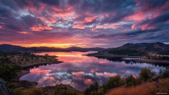 Dual Monitor Background Serene Landscapes, Expansive Lake Surrounded By Rolling Hills, Reflecting The Colorful Sunset