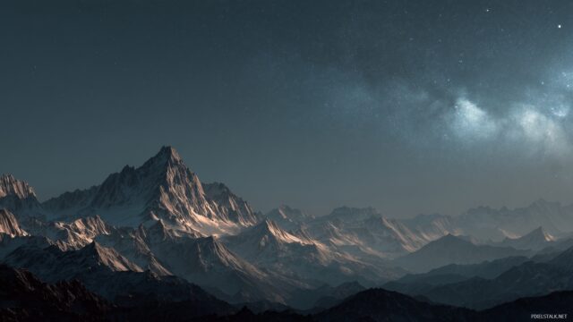 Dual Monitor Background With Mountains And Clouds, Expansive Mountain Range With Dramatic Peaks Under A Clear, Starry Night Sky