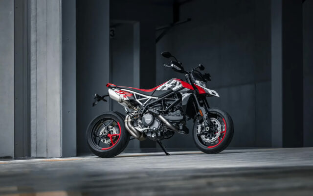 Ducati Hypermotard 950 Red and Black Motorcycle in Urban Setting Wallpaper