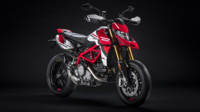 Ducati Hypermotard 950 SP Motorcycle Red and White Wallpaper on Black Background