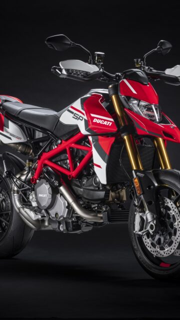 Ducati Hypermotard 950 SP Red and White Motorcycle Wallpaper on Black Background
