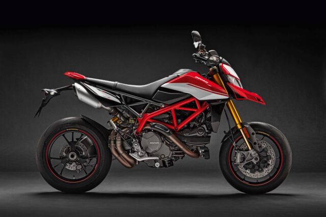 Ducati Hypermotard 950 Stunning Red and White Motorcycle Wallpaper on Black Background