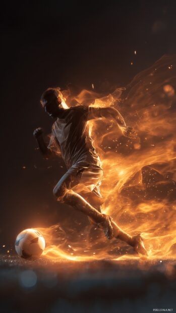 Dynamic soccer wallpapers, An electrifying scene of a soccer ball zipping past defenders, leaving a trail of fire behind.