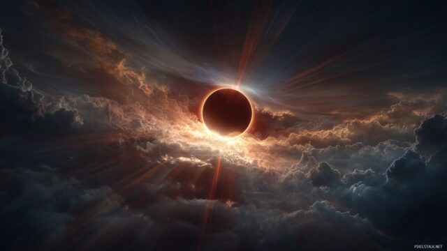 Eclipse wallpaper HD, an expansive cosmic view of a solar eclipse with radiating light beams cutting through the darkness.