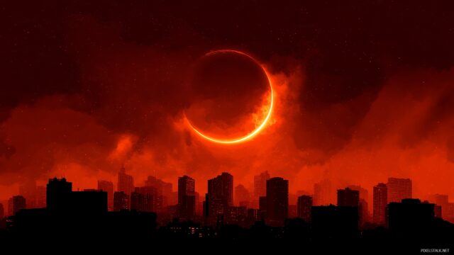 Eclipse wallpaper HD download, a captivating view of a solar eclipse over a city skyline, with silhouetted buildings against a fiery sky.