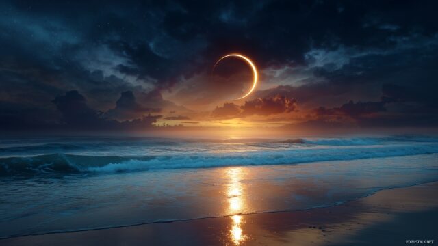 Eclipse wallpaper HD download, a picturesque scene of an eclipse above a serene beach with waves reflecting the enchanting lights.