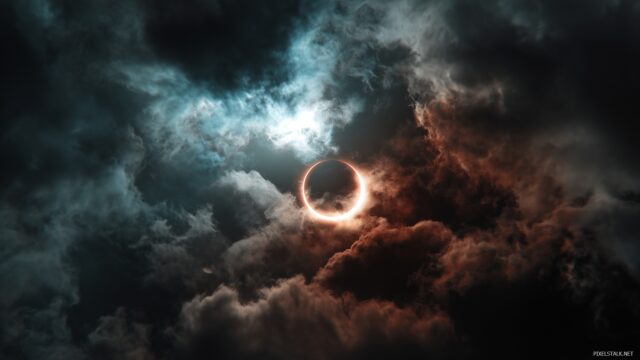 Eclipse wallpaper HD for Windows, a dramatic cloudscape surrounding an eclipsing sun with contrasting dark and light tones.