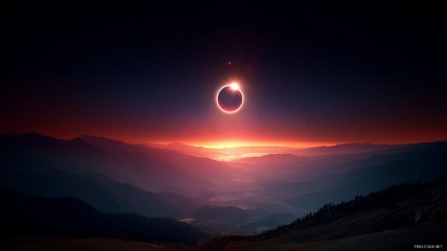 Eclipse wallpaper HD for desktop, a breathtaking scene of a total solar eclipse casting shadows over a vast landscape, vibrant colors blending beautifully.