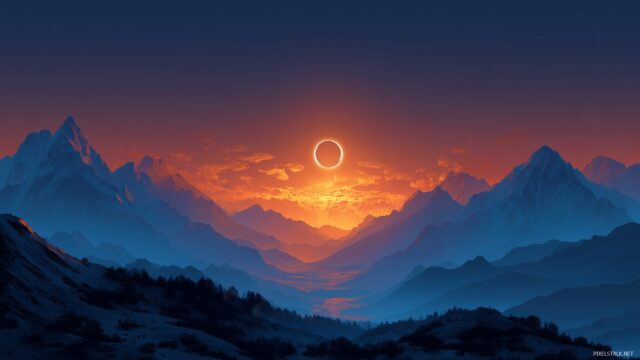 Eclipse wallpaper HD for desktop, a vibrant landscape featuring a mountain range under a magnificent solar eclipse glowing in the sky.