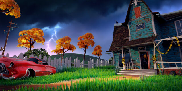 Eerie Thunderstorm Scene From Hello Neighbor 2 Game Wallpaper