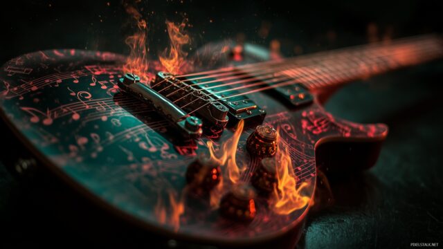 Electric guitar wallpaper HD, a dramatic close up of an electric guitar with vibrant flames and music symbols in the backdrop.