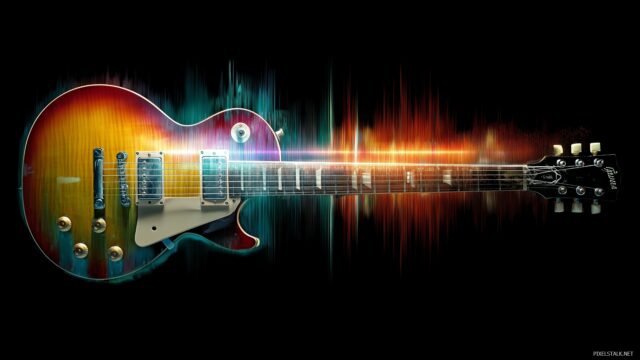 Electric guitar wallpaper HD, an action shot of an electric guitar with vibrant sound waves radiating from it.