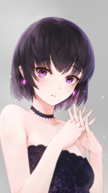 Elegant Anime Girl Wearing Black Lace Choker and Dress with Purple Eyes Choker Wallpapers