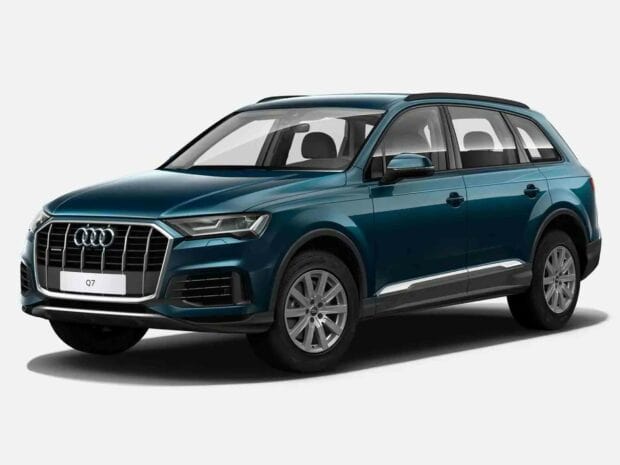 The blue Audi Q7 is shown from a side angle illustrating its design and features, HD Desktop Wallpaper