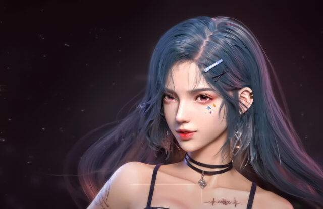 Elegant Girl with Blue Hair Wearing Stylish Choker Wallpapers Background