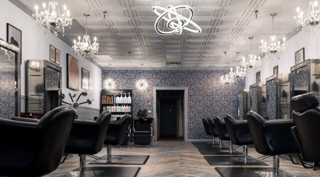 Elegant Hair Salon Interior Design With Luxurious Chandeliers