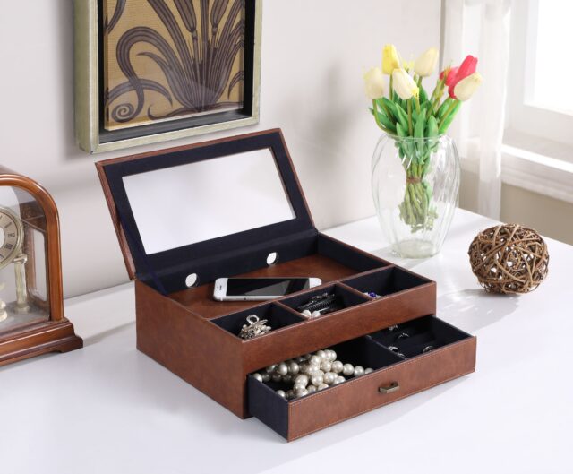 Elegant Jewelry Box On Table With Tulips And Decor Elements
