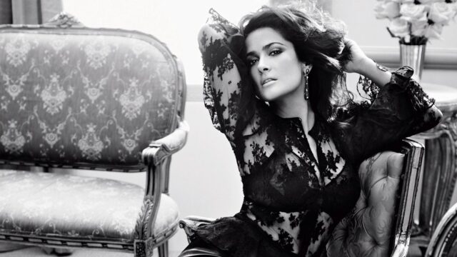 Elegant Salma Hayek in Black Lace Outfit Classic Vintage Style Wallpaper
