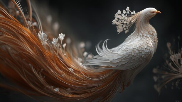 Elegant phoenix bird wallpapers, an artistic portrayal of a graceful phoenix with flowing feathers, capturing elegance and beauty in 3D.