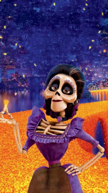 The elegant skeleton lady wears a purple dress and stands on a glowing orange path under a starry night, 2K Mobile Wallpaper