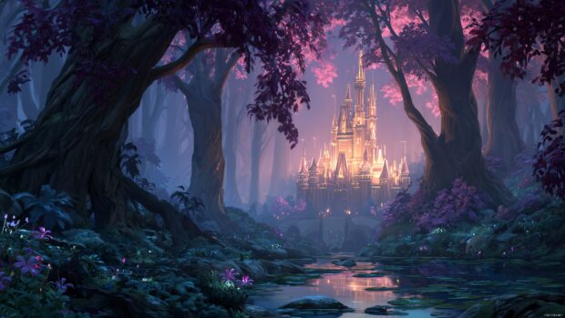 Enchanted Disney Castle Backgrounds, an enchanted castle set in a mystical forest, with magical creatures peeking from behind the trees.
