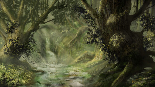 Enchanted Fangorn Forest Wallpaper With Mystic Waterfall Scene
