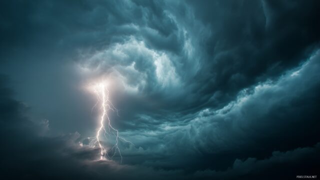 Epic Lightning HD Image, A Dramatic Lightning Bolt Illuminated Against A Backdrop Of Heavy Rain Clouds And Swirling Winds