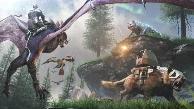 A warrior rides a flying dinosaur while another armored creature shoots from a mounted gun in the forest, 2K Desktop Wallpaper