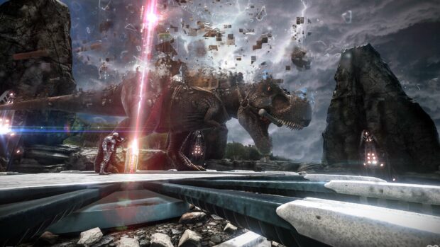 A warrior in armor confronts a large dinosaur amid a futuristic fiery landscape in Ark Survival Evolved, 4K Desktop Wallpaper