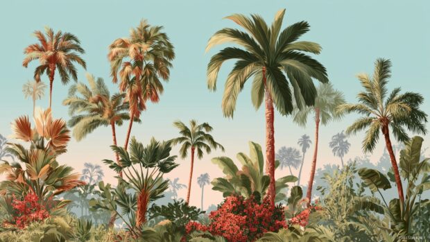Exotic palm tree backgrounds, a vibrant tropical paradise filled with various species of palm trees and lush greenery.