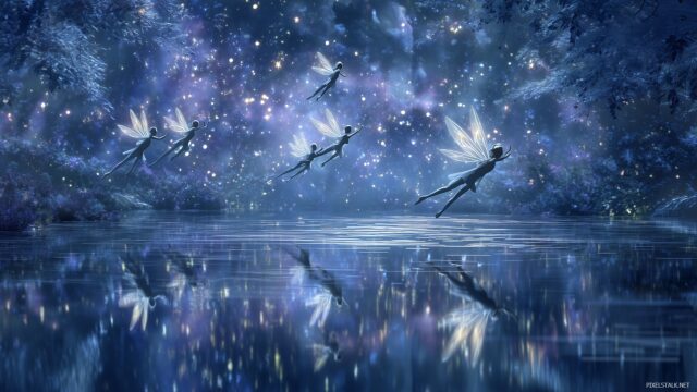 Fairy Desktop HD Wallpaper, Ethereal Fairies Gliding Over A Tranquil Lake Reflecting The Stars
