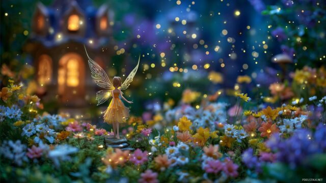 Fairy Desktop Wallpaper HD Free Download, Serene Fairy Garden With Blooming Flowers And Twinkling Stars