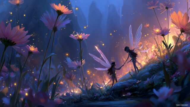 Fairy HD Wallpaper For Desktop Computer, Captivating Scene Of Fairies Tending To Glowing Flowers In A Twilight Garden