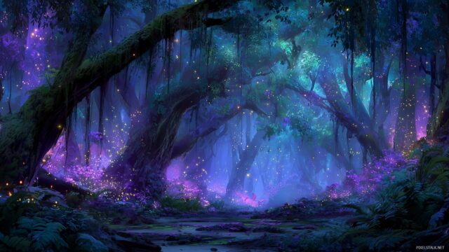 Fairy HD Wallpaper For PC, Lush Enchanted Forest Inhabited By Playful Fairies And Shimmering Lights