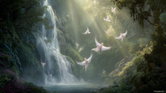 Fairy High Resolution Desktop Wallpaper, Stunning Image Of Fairies Fluttering Around A Mystical Waterfall