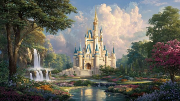Fairy tale Disney Castle Backgrounds, a magnificent fairy tale castle with sparkling turrets and cascading waterfalls, surrounded by vibrant flora.