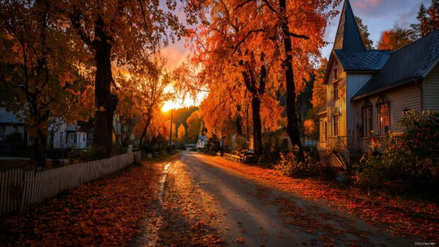 Fall desktop wallpaper, a quaint village street lined with trees bursting with fall colors under a vibrant sunset in HD.