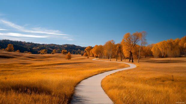 Fall desktop wallpaper, a winding path covered in golden leaves under a clear blue sky inviting exploration in HD.